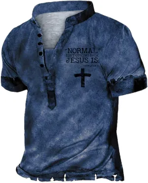 Men's Hipster Distressed T-Shirts Novelty Logo Banded Collar V Neck Short Sleeve Casual Button Up Front Placket Henley Shirts