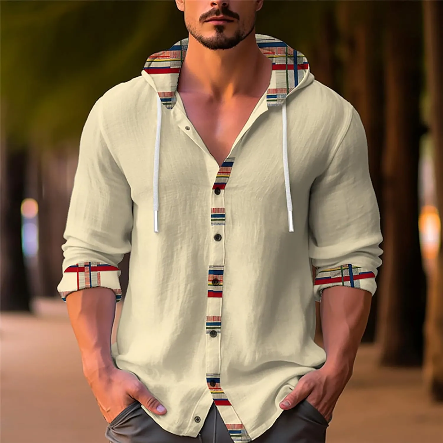Men's Linen Casual Guayabera Shirts with Hood Lightweight Button V Neck Long Sleeve Hooded Sweatshirts Hawaiian Shirt
