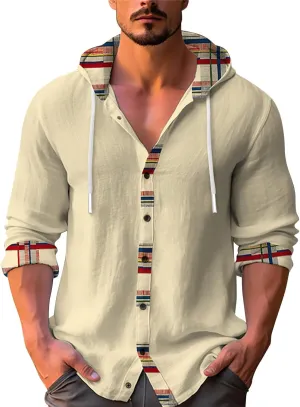 Men's Linen Casual Guayabera Shirts with Hood Lightweight Button V Neck Long Sleeve Hooded Sweatshirts Hawaiian Shirt