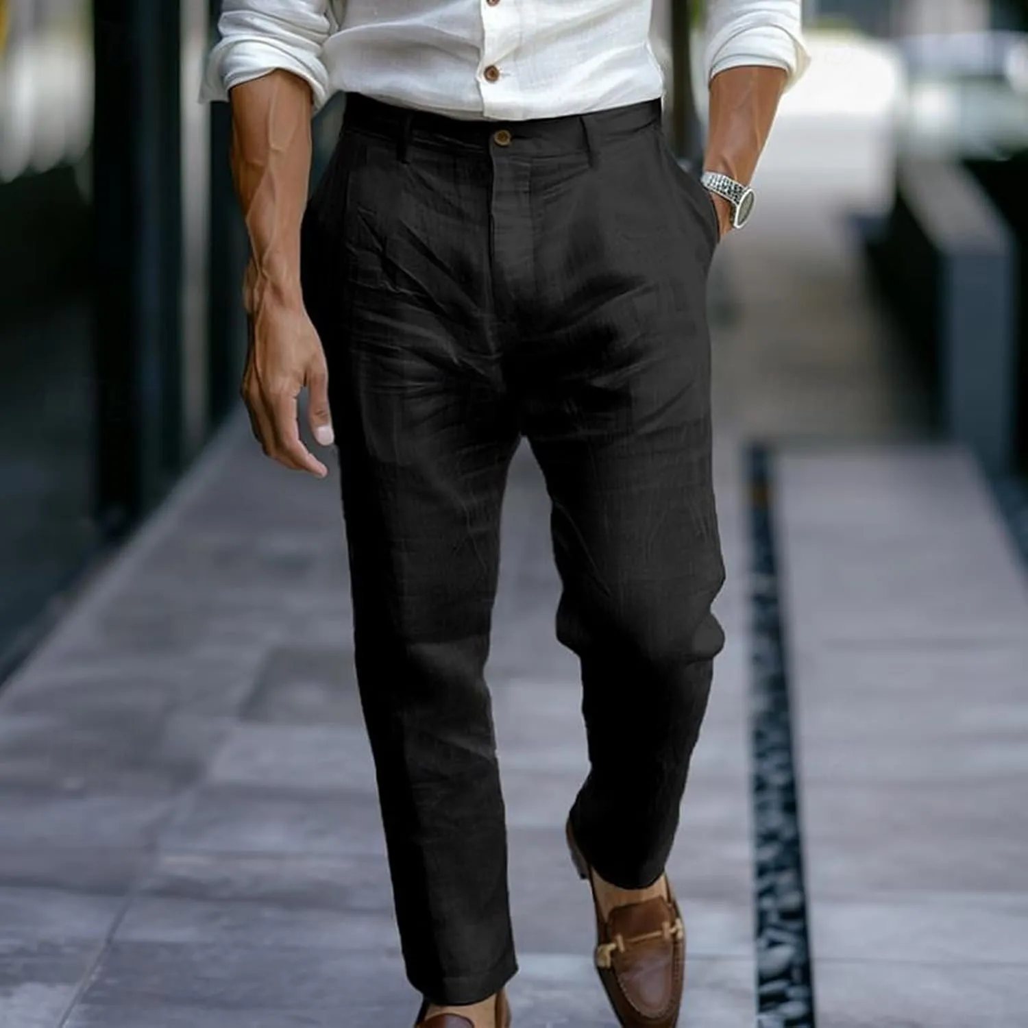 Mens Linen Dress Pants Casual Straight Leg Lounge Formal Business Trousers Baggy for Men Hemp Clothing