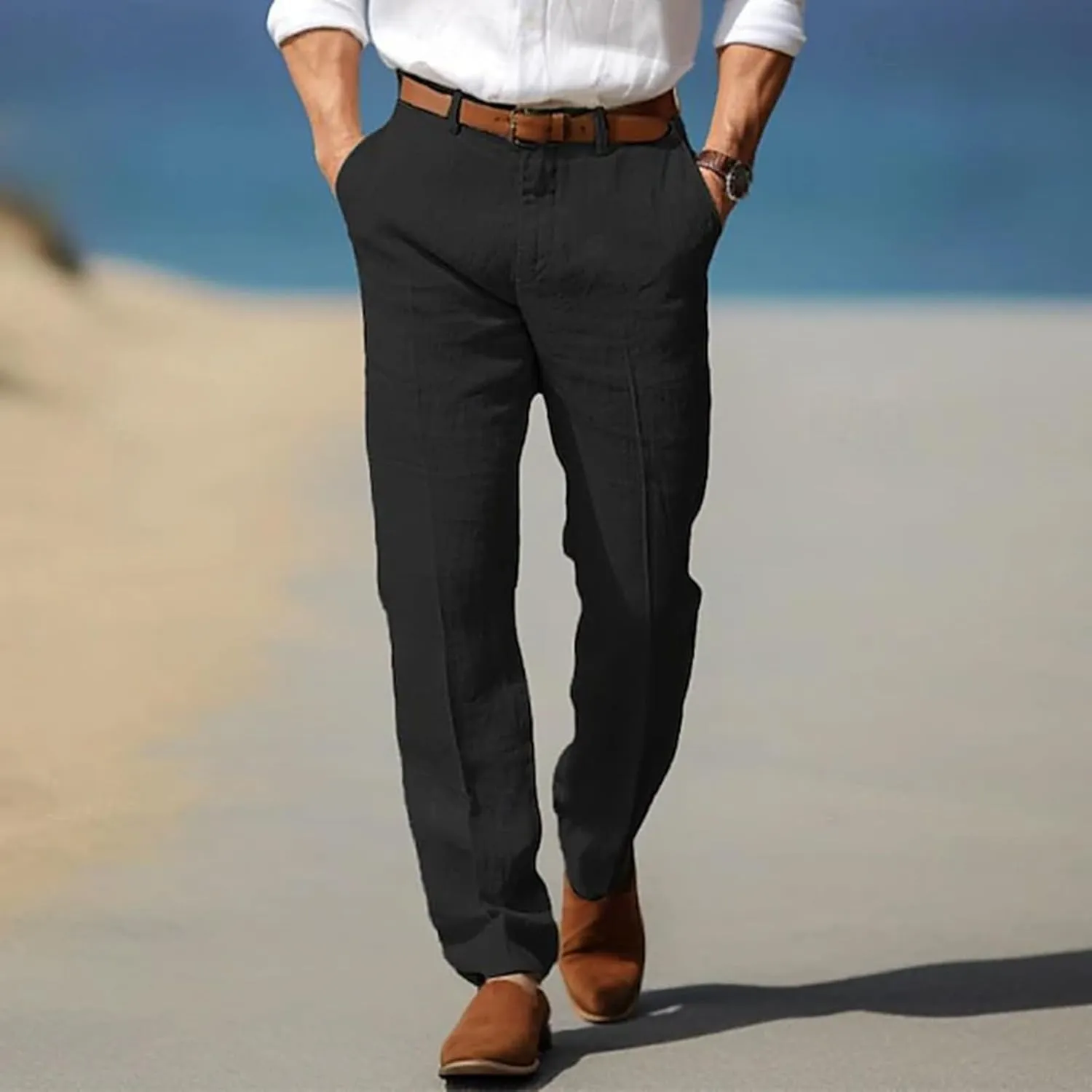 Mens Linen Dress Pants Casual Straight Leg Lounge Formal Business Trousers Baggy for Men Hemp Clothing