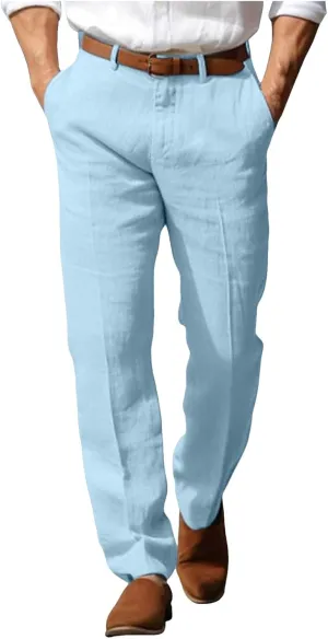 Mens Linen Dress Pants Casual Straight Leg Lounge Formal Business Trousers Baggy for Men Hemp Clothing