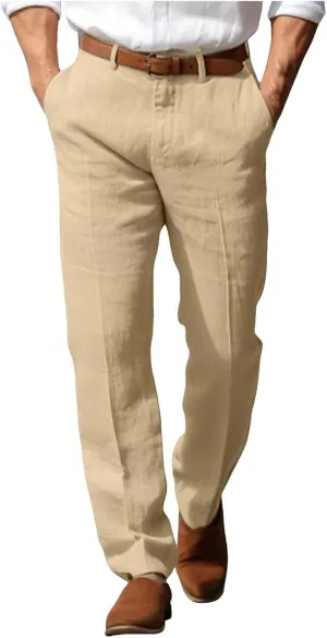 Mens Linen Dress Pants Casual Straight Leg Lounge Formal Business Trousers Baggy for Men Hemp Clothing