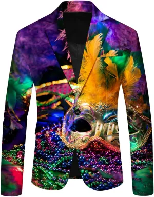 Mens Mardi Gras Suit Jacket Printed Slim Fit Notched Lapel One Button Blazer Holiday Party Dinner Tuxedo Jackets