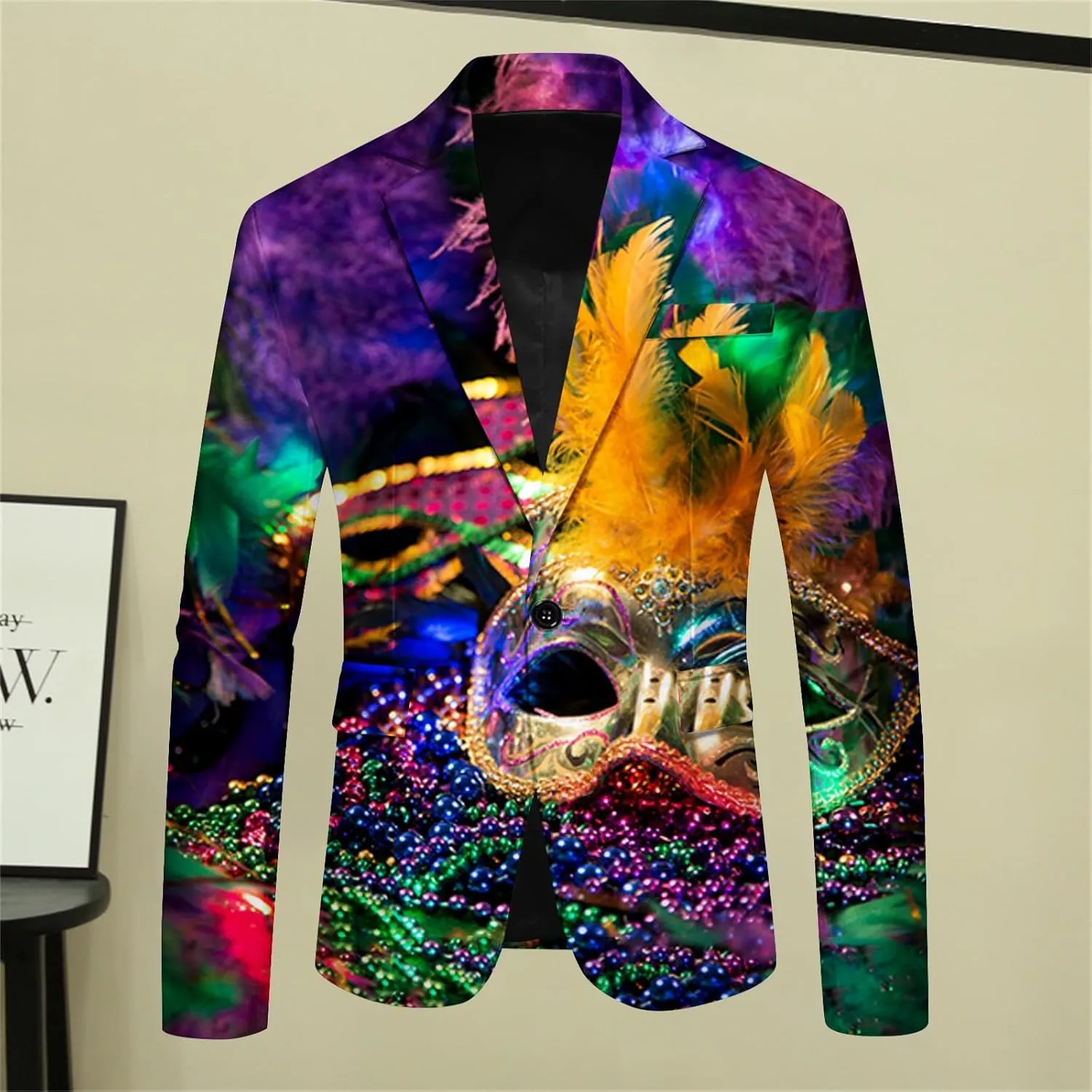 Mens Mardi Gras Suit Jacket Printed Slim Fit Notched Lapel One Button Blazer Holiday Party Dinner Tuxedo Jackets