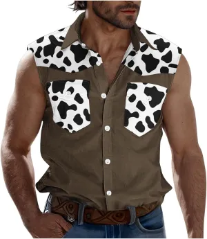 Men's Novelty Cow Printed Workout Casual Tank Top Casual Sleeveless Button Down Graphic Muscle Beach Shirts