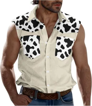 Men's Novelty Cow Printed Workout Casual Tank Top Casual Sleeveless Button Down Graphic Muscle Beach Shirts