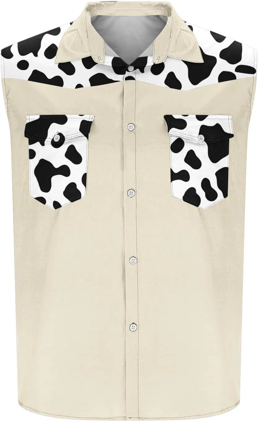 Men's Novelty Cow Printed Workout Casual Tank Top Casual Sleeveless Button Down Graphic Muscle Beach Shirts