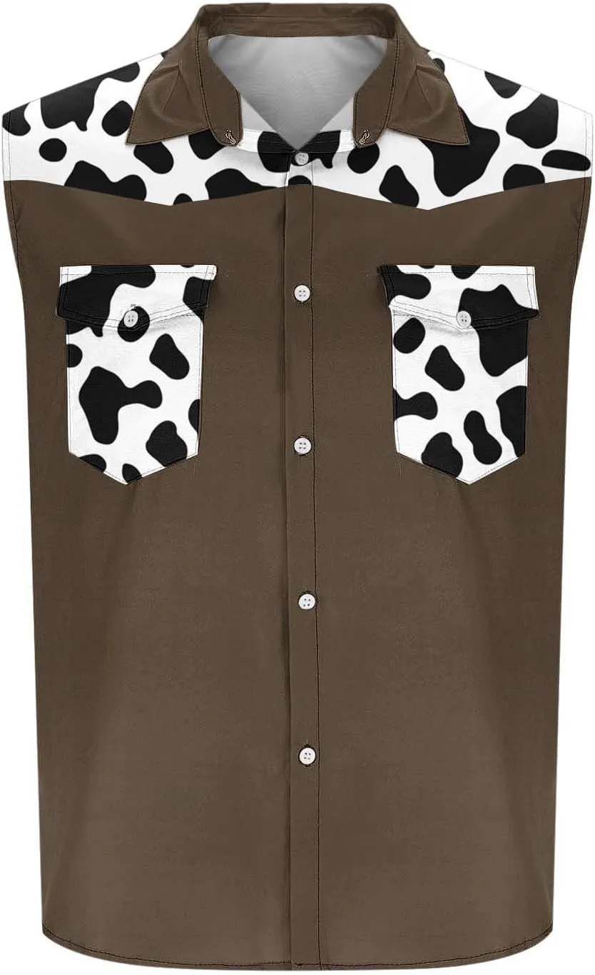 Men's Novelty Cow Printed Workout Casual Tank Top Casual Sleeveless Button Down Graphic Muscle Beach Shirts