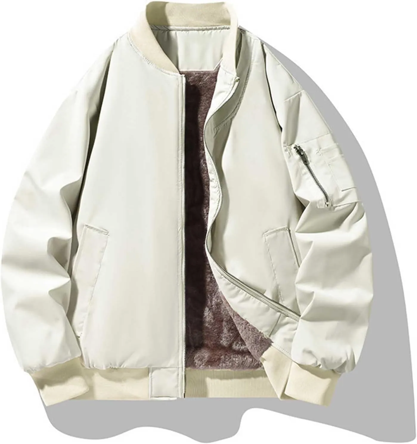 Mens Sherpa Fleece Lined Jacket Thick Winter Warm Coat Fashion Stand Collar Full Zip Bomber Jacket with Pockets