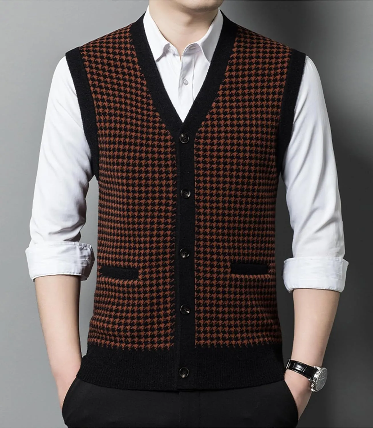 Mens Sleeveless Sweater Vests Check V-Neck Knitwear Pullover Button Down Cardigan Vest with Pockets