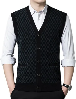 Mens Sleeveless Sweater Vests Check V-Neck Knitwear Pullover Button Down Cardigan Vest with Pockets