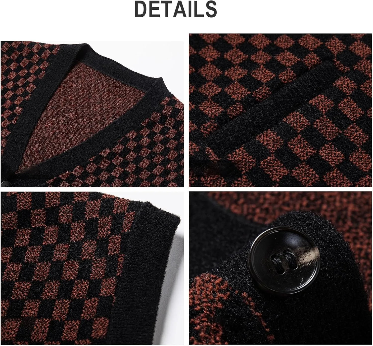 Mens Sleeveless Sweater Vests Check V-Neck Knitwear Pullover Button Down Cardigan Vest with Pockets