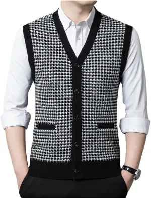 Mens Sleeveless Sweater Vests Check V-Neck Knitwear Pullover Button Down Cardigan Vest with Pockets