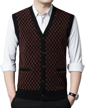 Mens Sleeveless Sweater Vests Check V-Neck Knitwear Pullover Button Down Cardigan Vest with Pockets