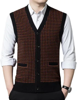 Mens Sleeveless Sweater Vests Check V-Neck Knitwear Pullover Button Down Cardigan Vest with Pockets