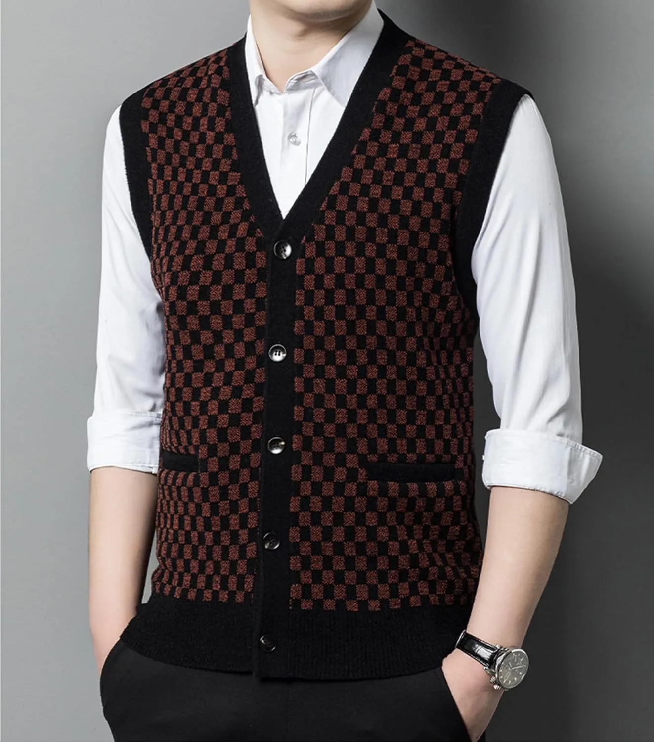 Mens Sleeveless Sweater Vests Check V-Neck Knitwear Pullover Button Down Cardigan Vest with Pockets