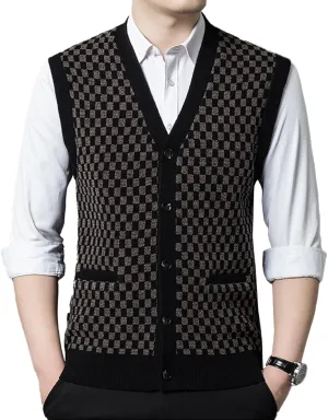 Mens Sleeveless Sweater Vests Check V-Neck Knitwear Pullover Button Down Cardigan Vest with Pockets