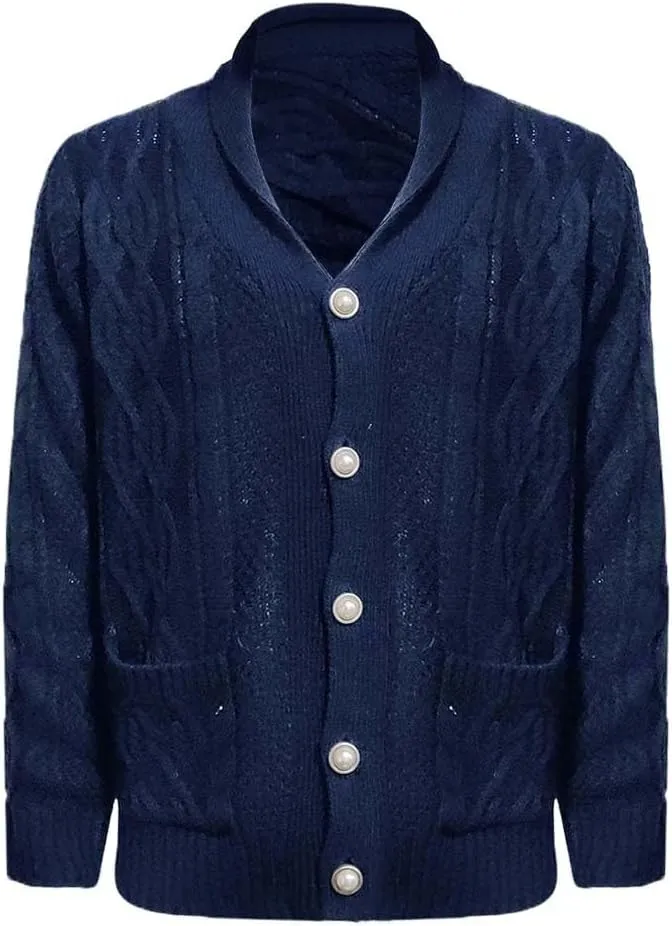 Mens Slimming Twist Knit Cardigan Sweaters Casual Long Sleeve Shawl Collar Button Down Knitted Sweaters with Pockets