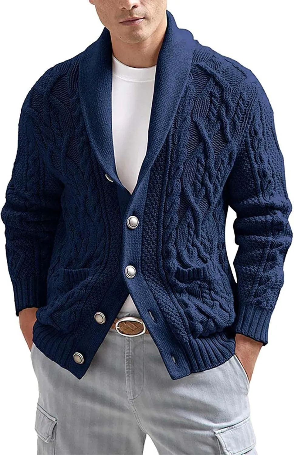 Mens Slimming Twist Knit Cardigan Sweaters Casual Long Sleeve Shawl Collar Button Down Knitted Sweaters with Pockets