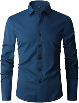 Men's Solid Dress Shirt Long Sleeve Wrinkle Free Button Down Stretch Business Meetings Top Slim Fit Work Casual Shirt