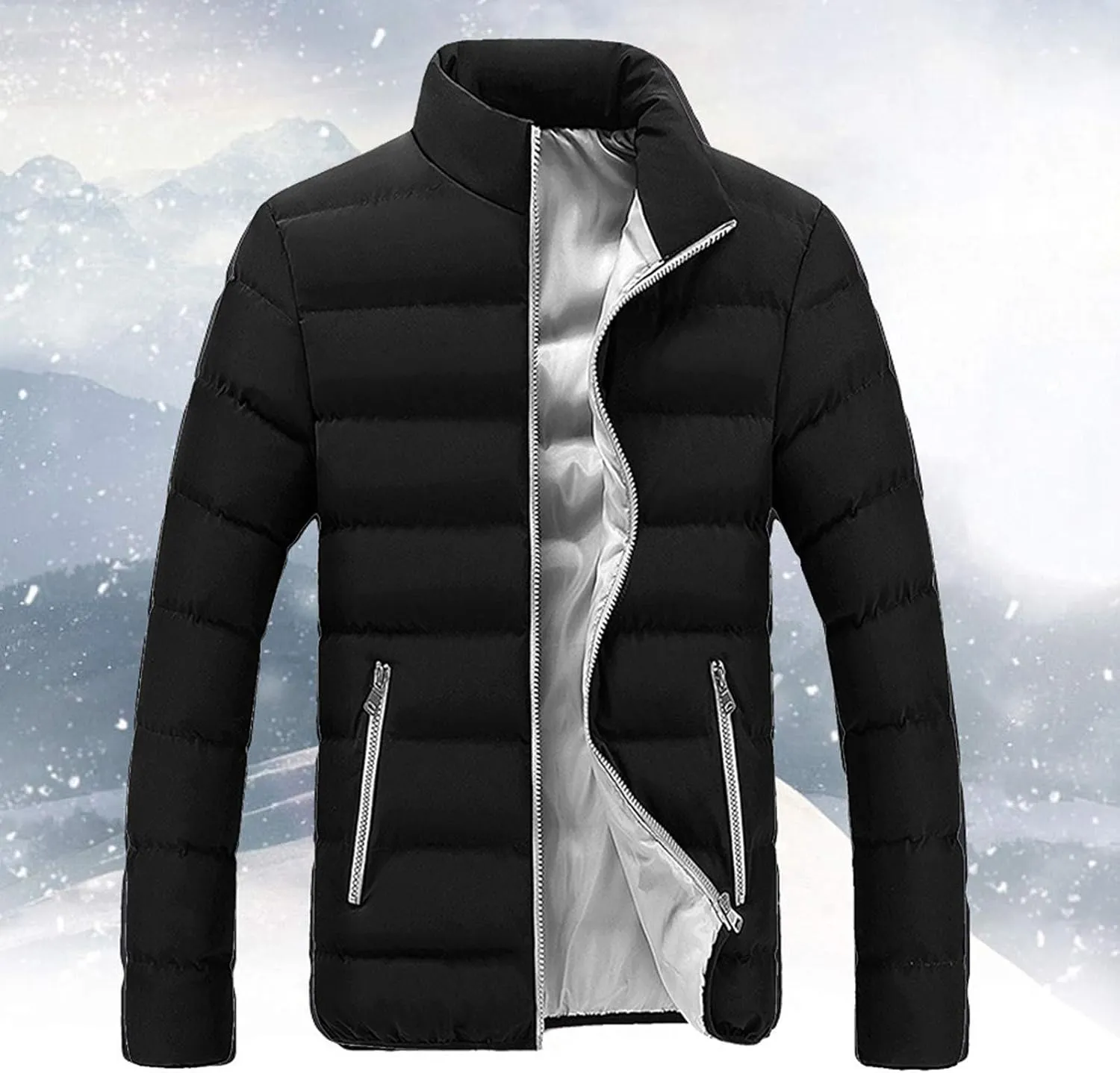 Mens Stand Up Collar Padded Jacket Big and Tall Puffer Coat with Zipper Pockets Heavyweight Winter Coats Hiking Jacket