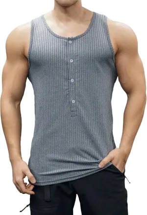 Men's Striped Knit Tank Top Sleeveless Gym Workout Casual Slim Fit Outfit Half Button Quick Dry Training Beach Summer Wear