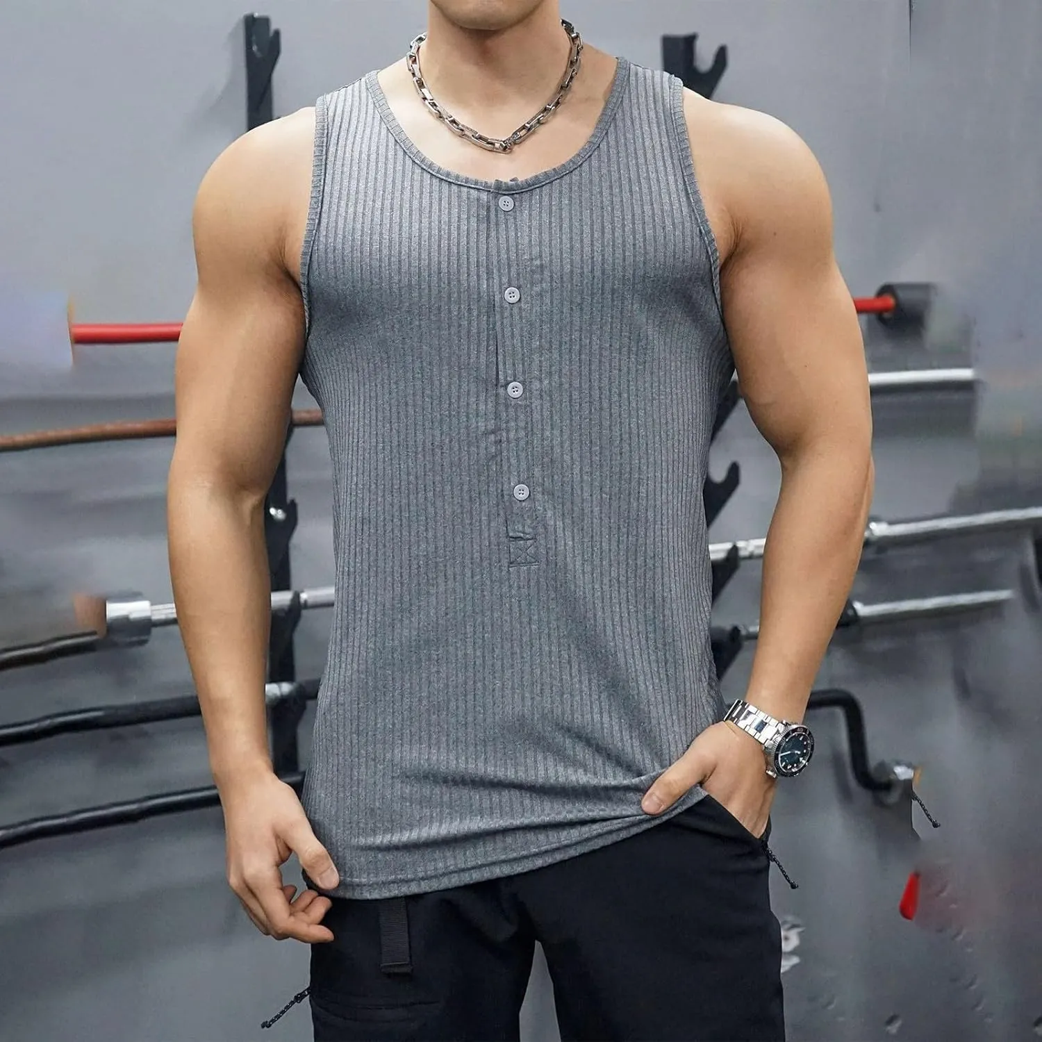 Men's Striped Knit Tank Top Sleeveless Gym Workout Casual Slim Fit Outfit Half Button Quick Dry Training Beach Summer Wear