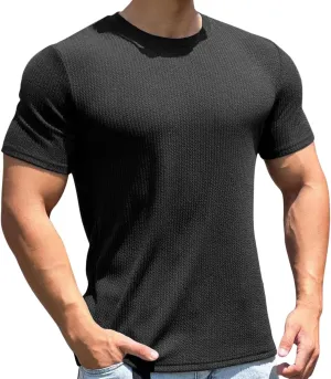 Men's Textured T Shirt Solid Color Crew Neck Short Sleeve Workout Undershirt Lightweight Training Fitness Outdoor Sports Top