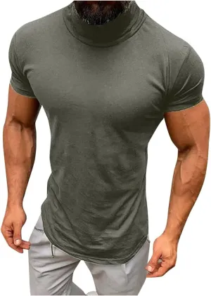 Men's Turtleneck T Shirt Short Sleeve Muscle Shirt Lightweight Summer Solid Color Tee Breathable Workout Gym Training Top