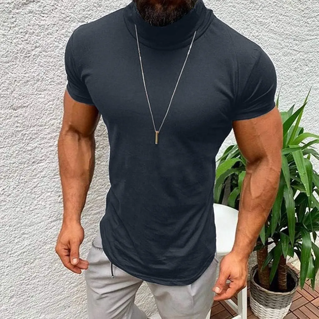 Men's Turtleneck T Shirt Short Sleeve Muscle Shirt Lightweight Summer Solid Color Tee Breathable Workout Gym Training Top