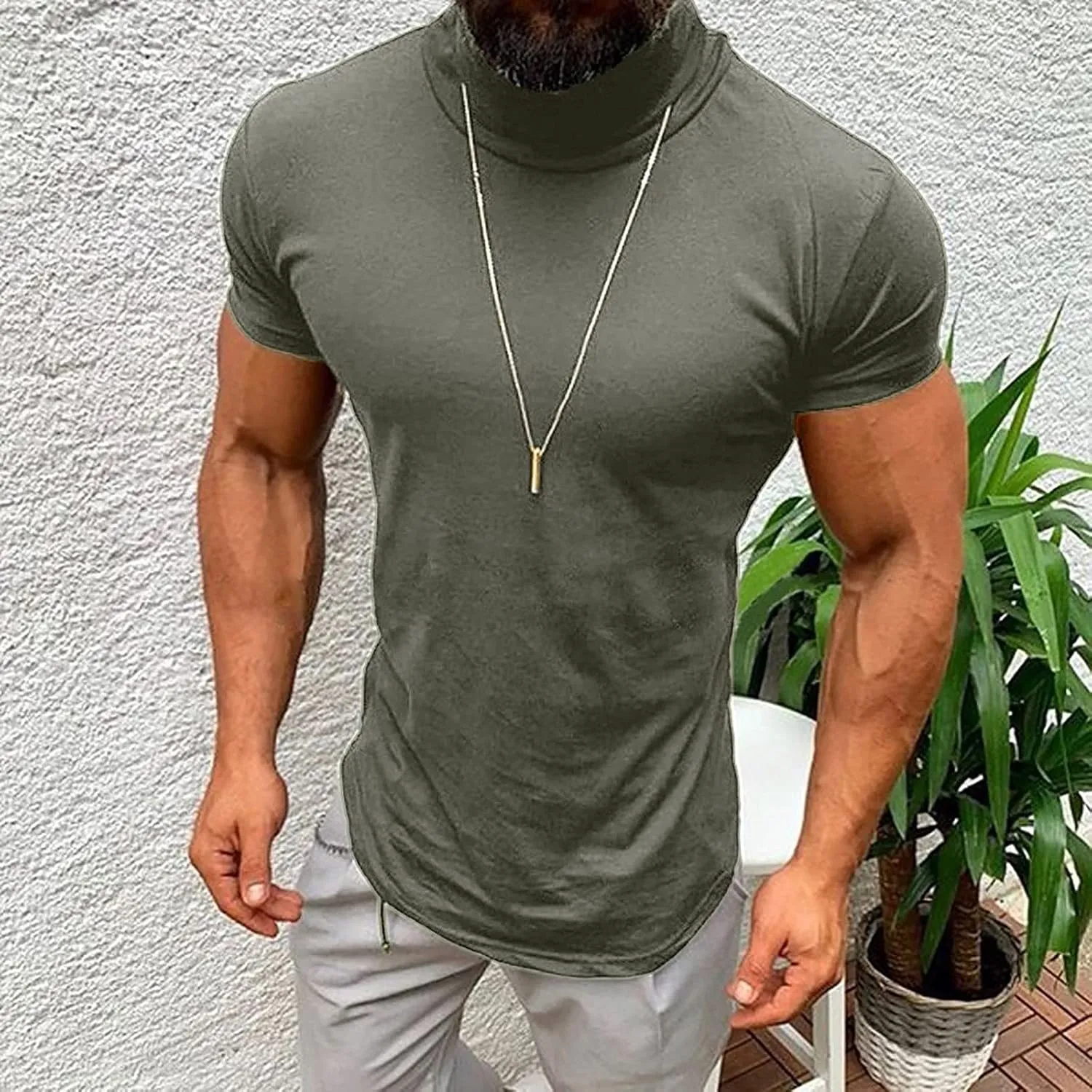 Men's Turtleneck T Shirt Short Sleeve Muscle Shirt Lightweight Summer Solid Color Tee Breathable Workout Gym Training Top