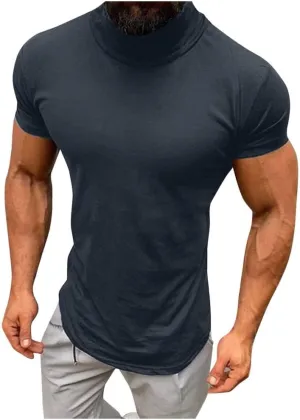Men's Turtleneck T Shirt Short Sleeve Muscle Shirt Lightweight Summer Solid Color Tee Breathable Workout Gym Training Top