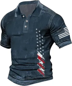 Men's Vintage USA Flag Polo Shirt Short Sleeve Quick Dry American Flag Printed Graphic Split Color Patriotic Shirts