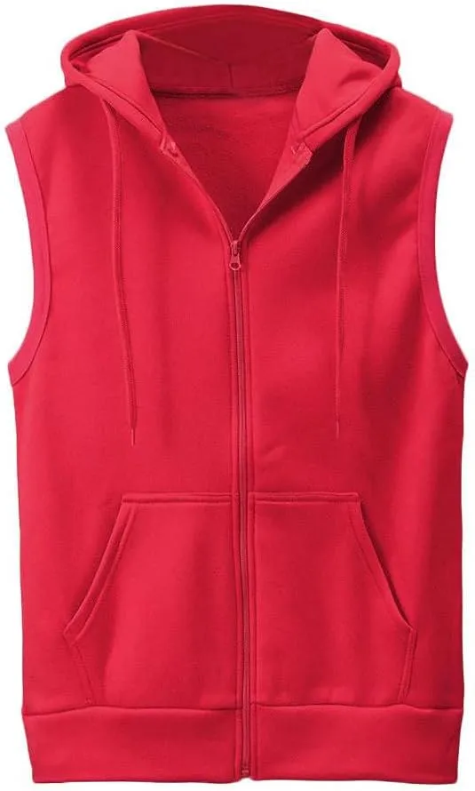 Men's Zip Up Sleeveless Hoodie Workout Cotton Fleece Cut Off Sweatshirt Pockets Drawstring Solid Sports T-Shirts