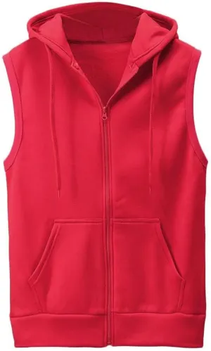 Men's Zip Up Sleeveless Hoodie Workout Cotton Fleece Cut Off Sweatshirt Pockets Drawstring Solid Sports T-Shirts