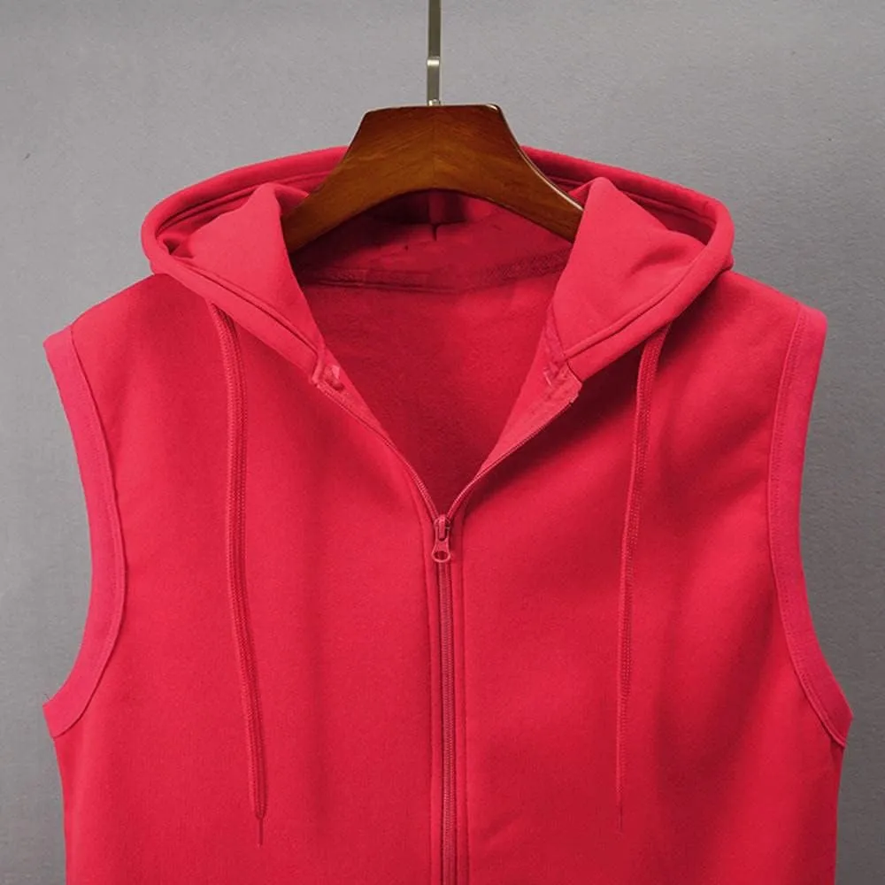 Men's Zip Up Sleeveless Hoodie Workout Cotton Fleece Cut Off Sweatshirt Pockets Drawstring Solid Sports T-Shirts
