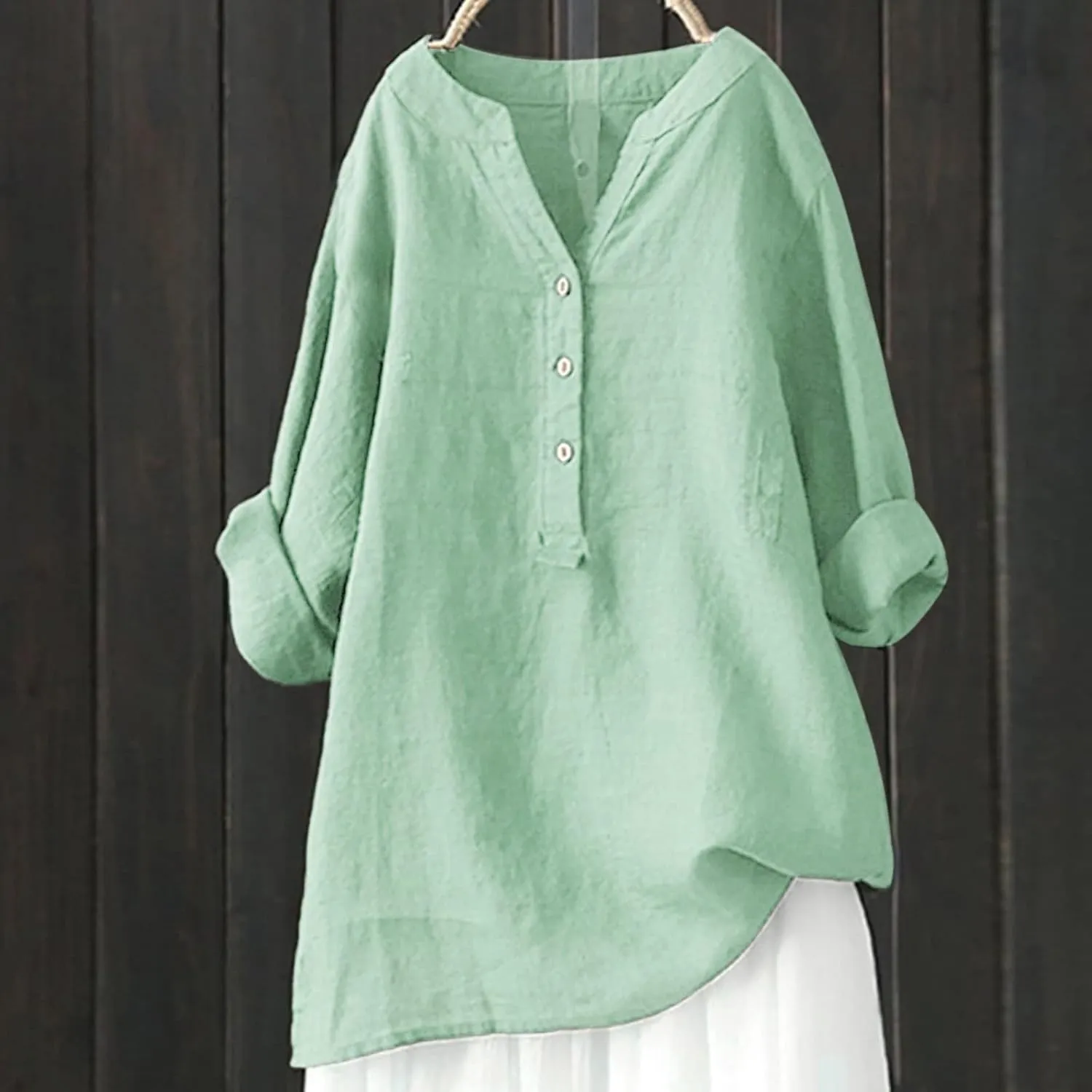 Mmoneyake Womens Cotton Linen Shirts Casual V Neck Oversized Tshirts Solid 3/4 Sleeve Tunic Tops Summer Blouses for Women