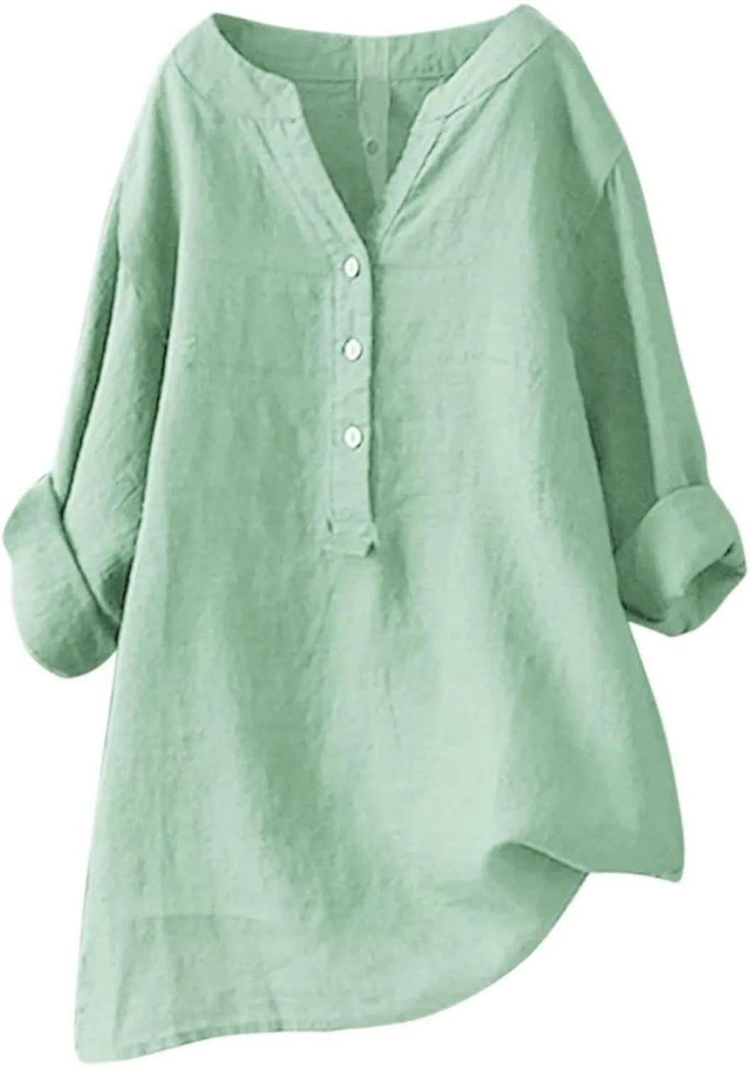 Mmoneyake Womens Cotton Linen Shirts Casual V Neck Oversized Tshirts Solid 3/4 Sleeve Tunic Tops Summer Blouses for Women