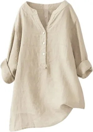 Mmoneyake Womens Cotton Linen Shirts Casual V Neck Oversized Tshirts Solid 3/4 Sleeve Tunic Tops Summer Blouses for Women