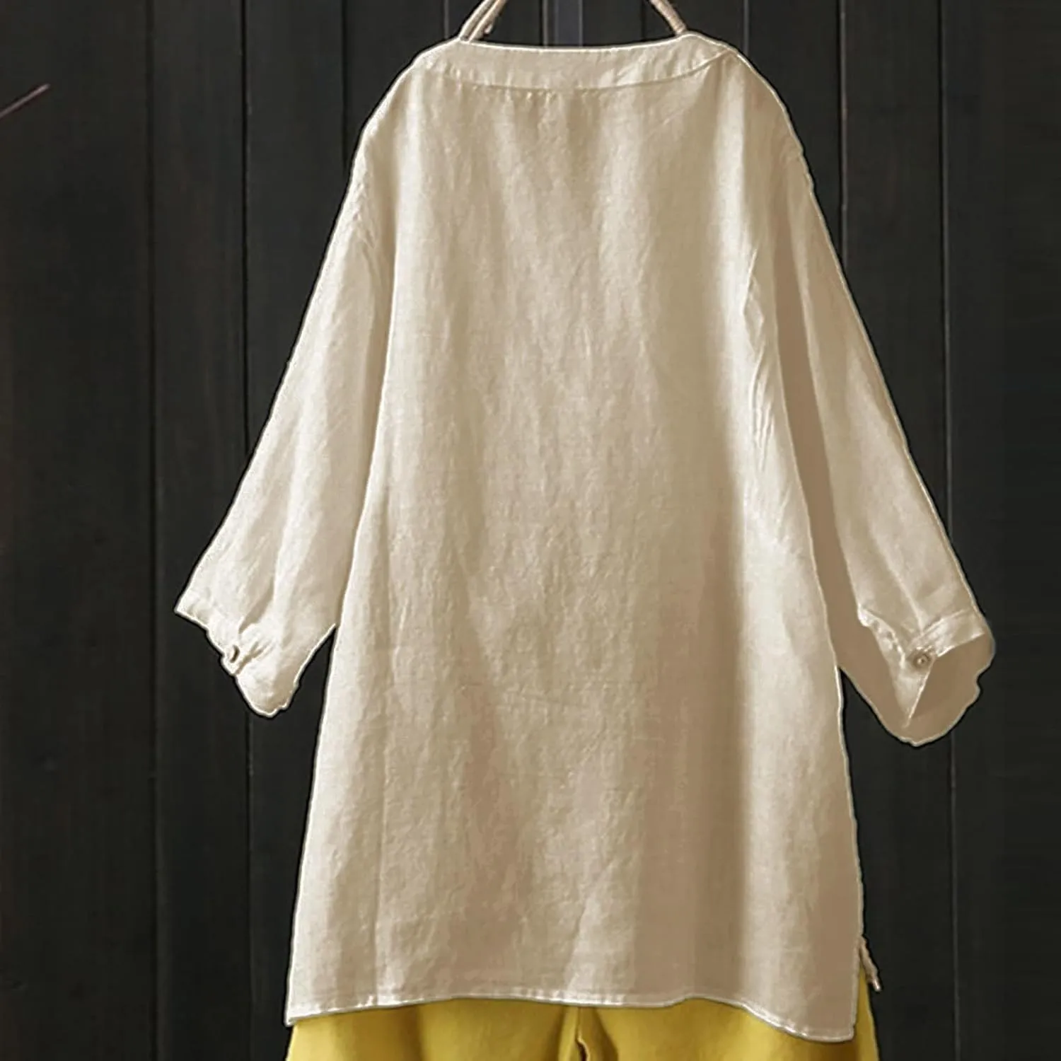 Mmoneyake Womens Cotton Linen Shirts Casual V Neck Oversized Tshirts Solid 3/4 Sleeve Tunic Tops Summer Blouses for Women