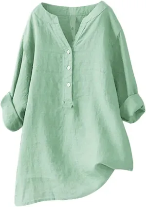 Mmoneyake Womens Cotton Linen Shirts Casual V Neck Oversized Tshirts Solid 3/4 Sleeve Tunic Tops Summer Blouses for Women