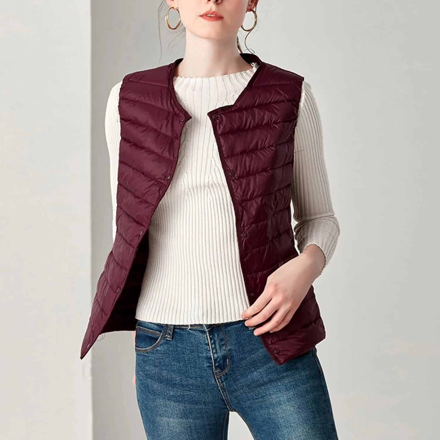 NaRHbrg Ladies Ultralight Down Vest Women's Autumn Winter Warm Down Puffer Coat Jacket Fashion Zip Padded Gilet Waistcoat