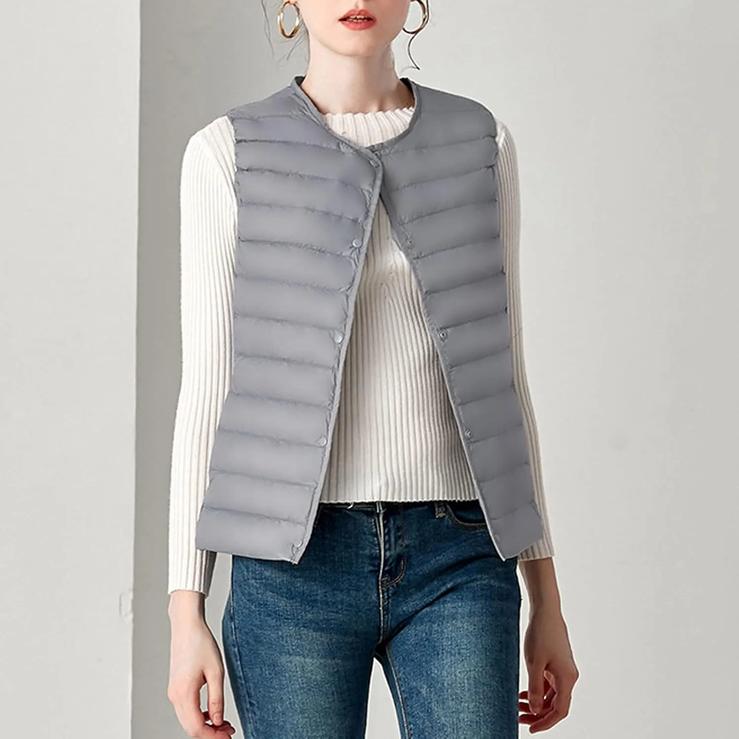 NaRHbrg Ladies Ultralight Down Vest Women's Autumn Winter Warm Down Puffer Coat Jacket Fashion Zip Padded Gilet Waistcoat