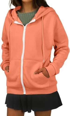 Oversized Hoodies for Women Zip Up Lightweight Long Sleeve Jackets Drawstring Y2K Sweatshirt Kangaroo Pocket