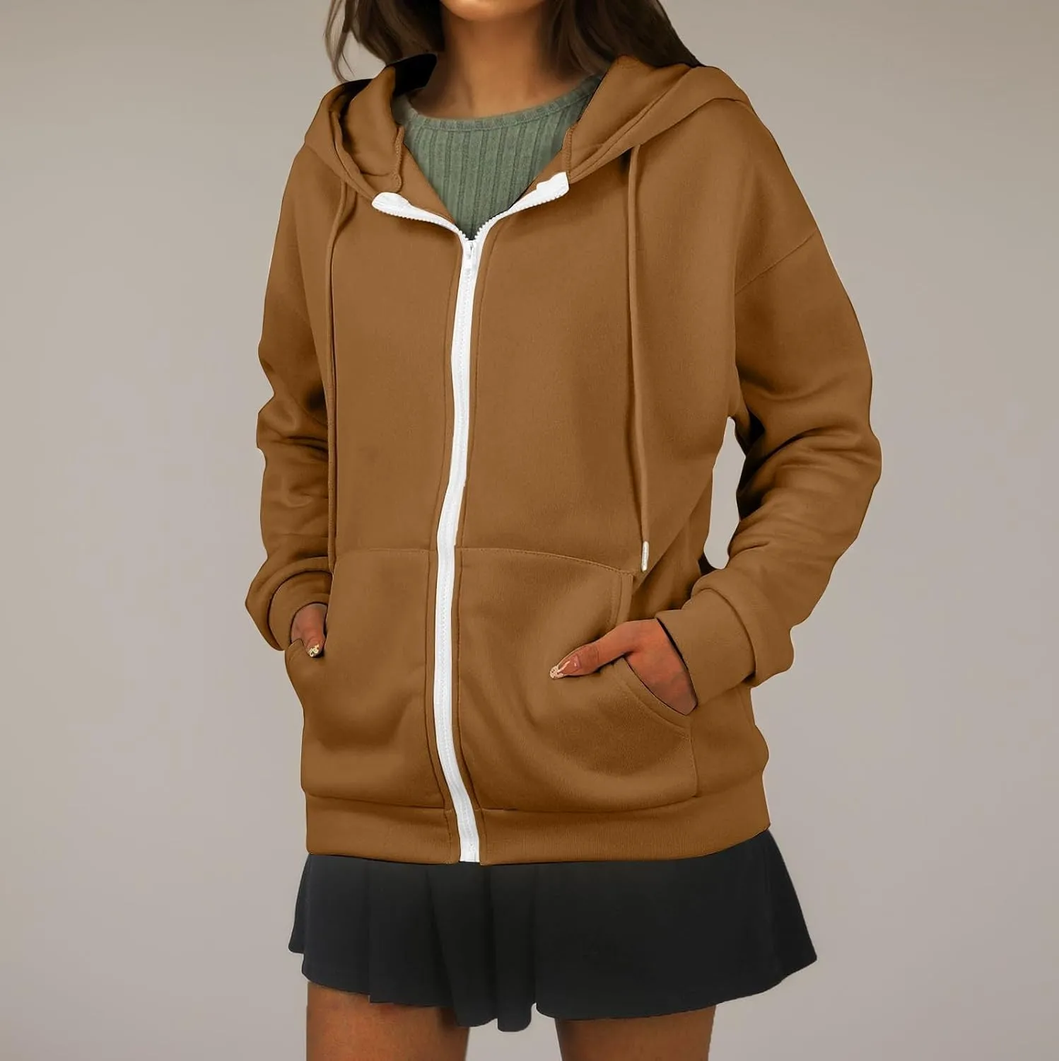 Oversized Hoodies for Women Zip Up Lightweight Long Sleeve Jackets Drawstring Y2K Sweatshirt Kangaroo Pocket