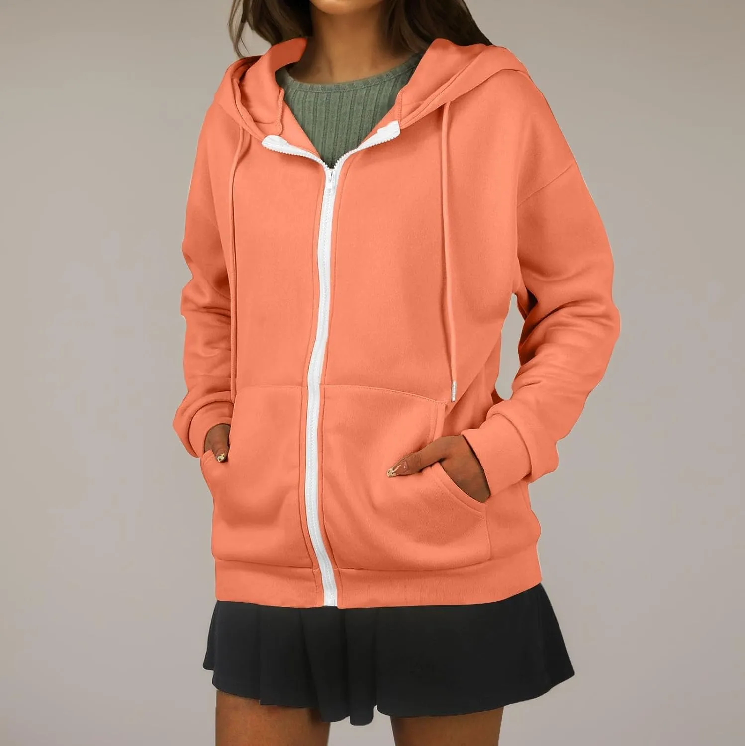 Oversized Hoodies for Women Zip Up Lightweight Long Sleeve Jackets Drawstring Y2K Sweatshirt Kangaroo Pocket