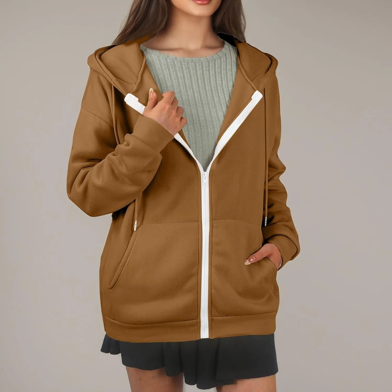 Oversized Hoodies for Women Zip Up Lightweight Long Sleeve Jackets Drawstring Y2K Sweatshirt Kangaroo Pocket