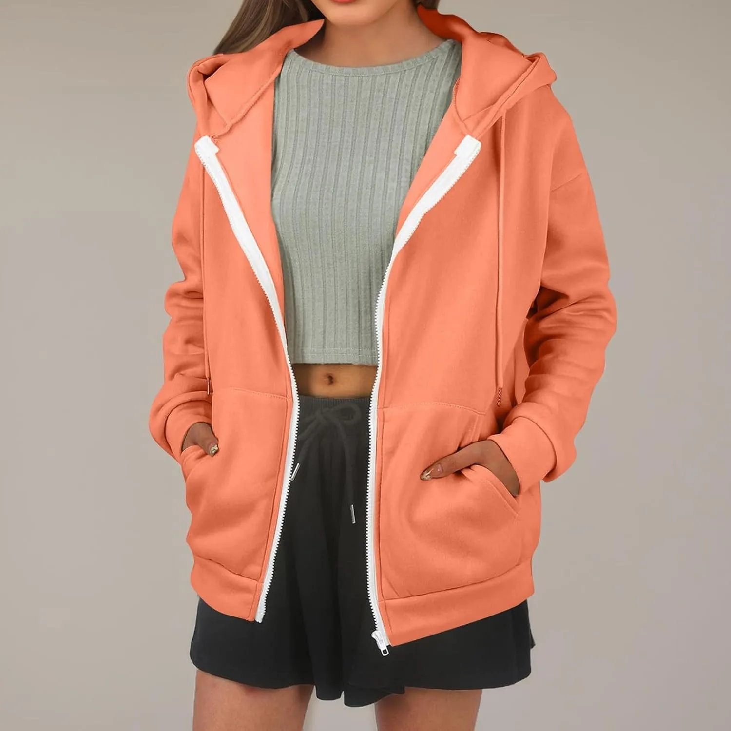 Oversized Hoodies for Women Zip Up Lightweight Long Sleeve Jackets Drawstring Y2K Sweatshirt Kangaroo Pocket