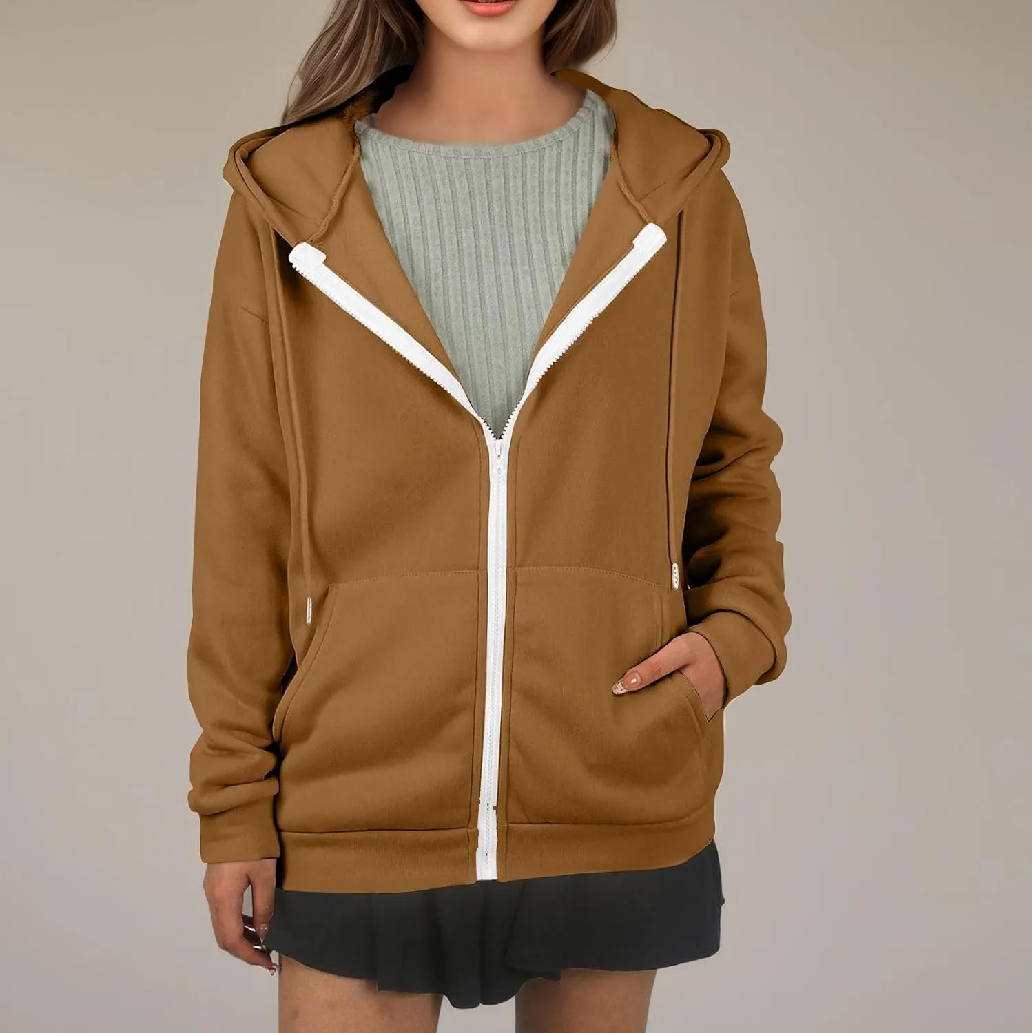 Oversized Hoodies for Women Zip Up Lightweight Long Sleeve Jackets Drawstring Y2K Sweatshirt Kangaroo Pocket